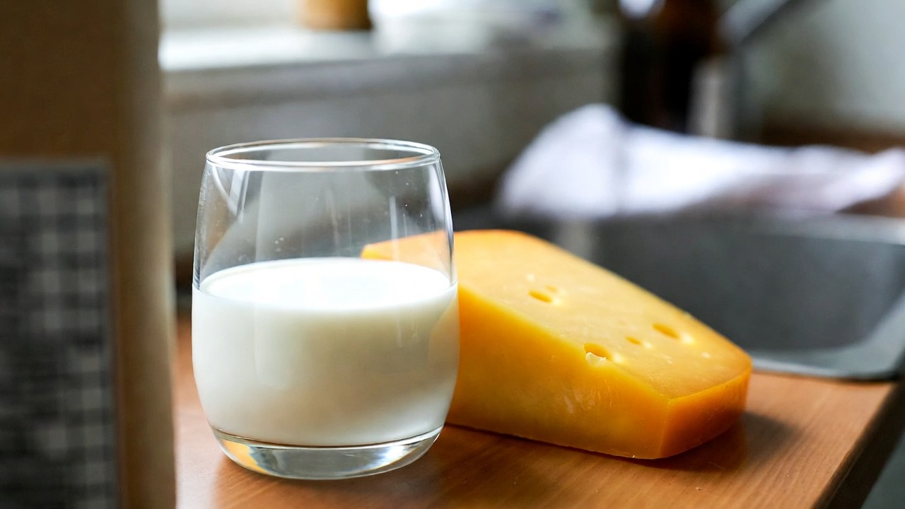 Latte e formaggio su un tavolo, tema sicurezza dei prodotti a latte crudo