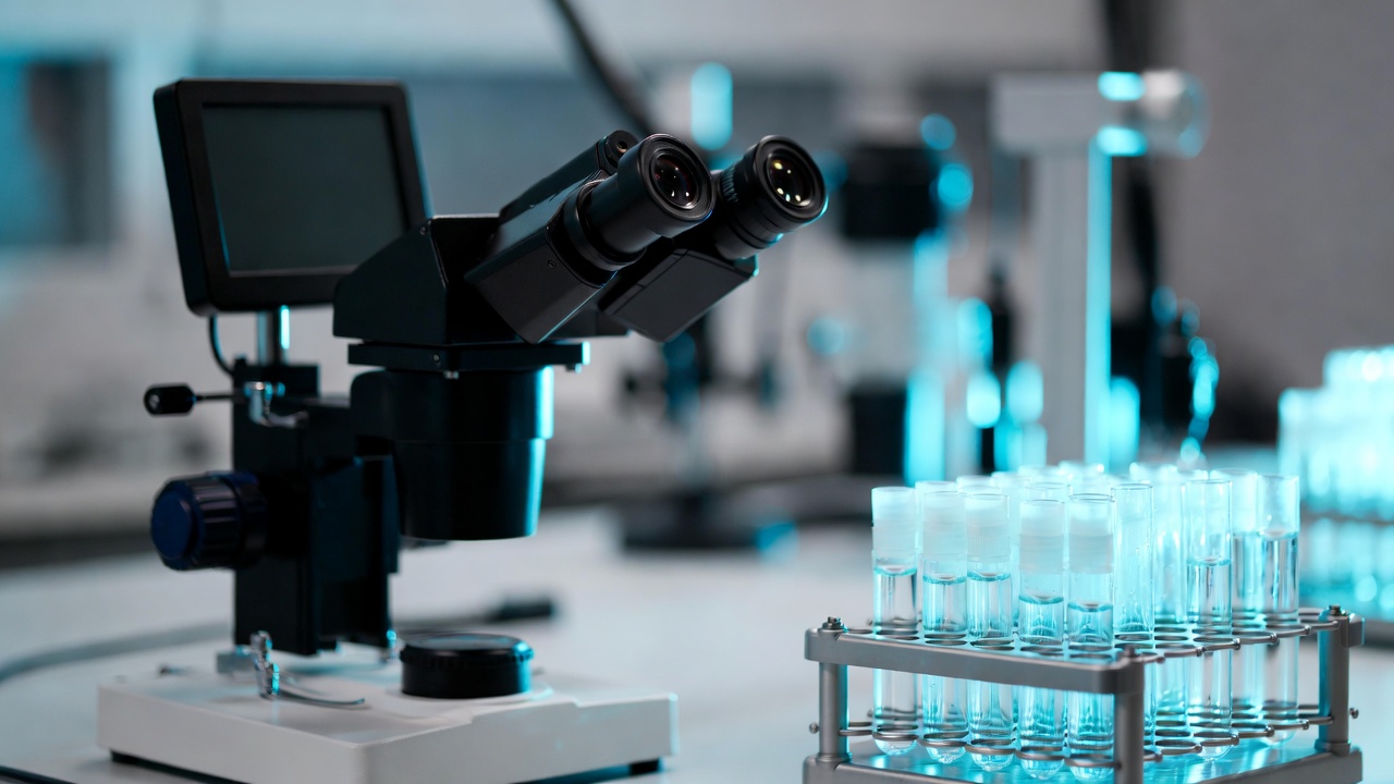Microscopio a fluorescenza e provette su un banco di laboratorio