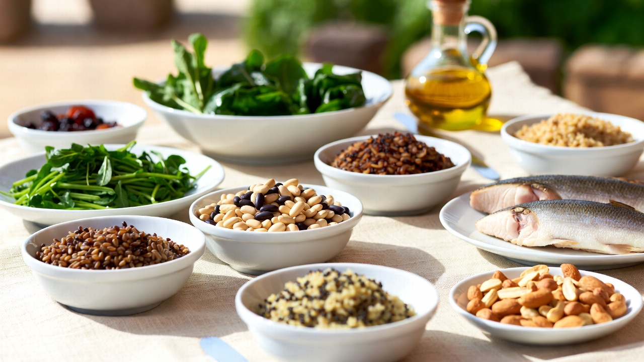 Alimentazione mediterranea con cibi consigliati in una dieta equilibrata per la sclerosi multipla.