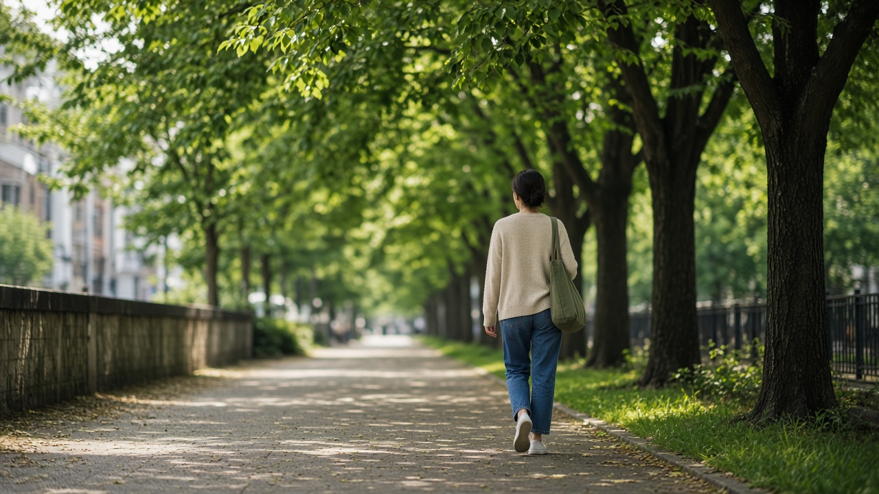 Persona che cammina su un viale alberato, movimento quotidiano e riduzione della sedentarietà